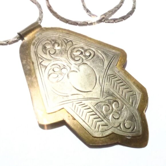 Vintage Boho Ethnic Inspired Hand Embossed Silver Brass Tone Pendant Necklace - Picture 1 of 8